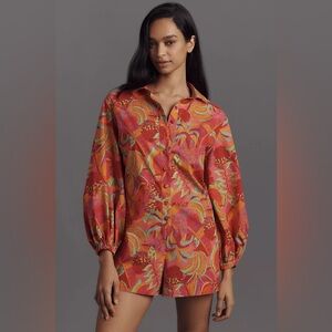 NWT Farm Rio x Anthropologie XXS Long-Sleeve Printed Collared Romper